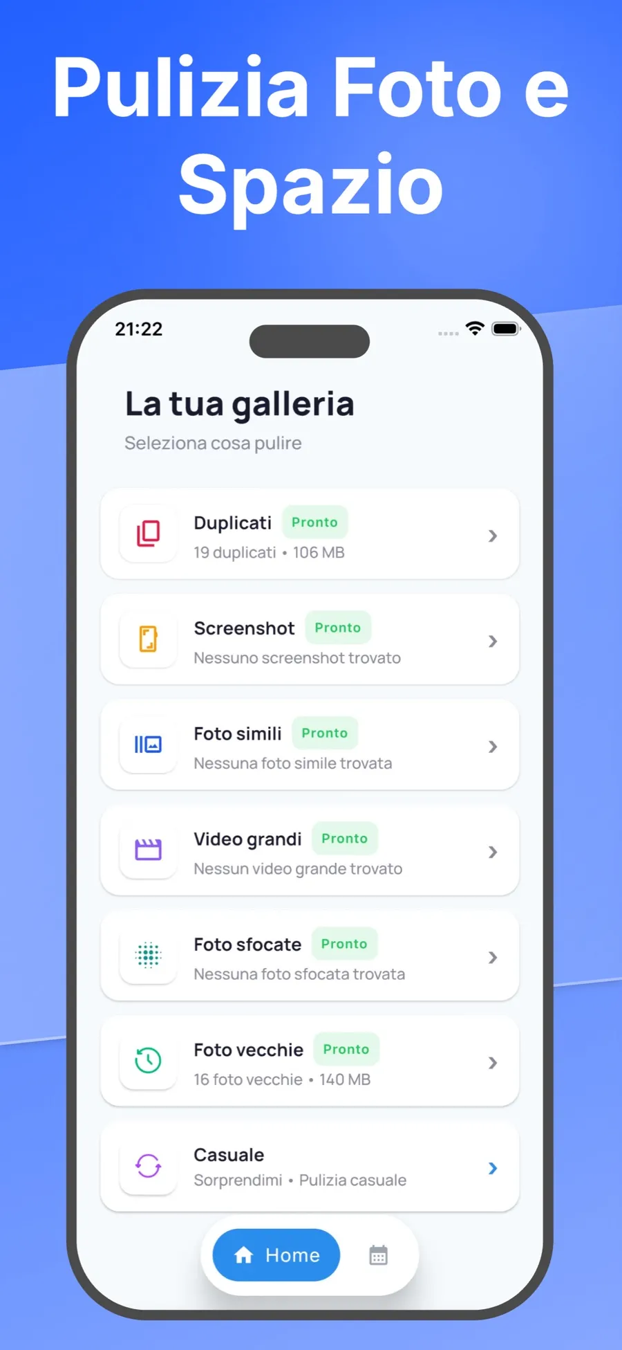 Schermata principale con l’elenco di cosa pulire: foto simili, video grandi, duplicati, screenshot, foto sfocate, foto vecchie e casuale.