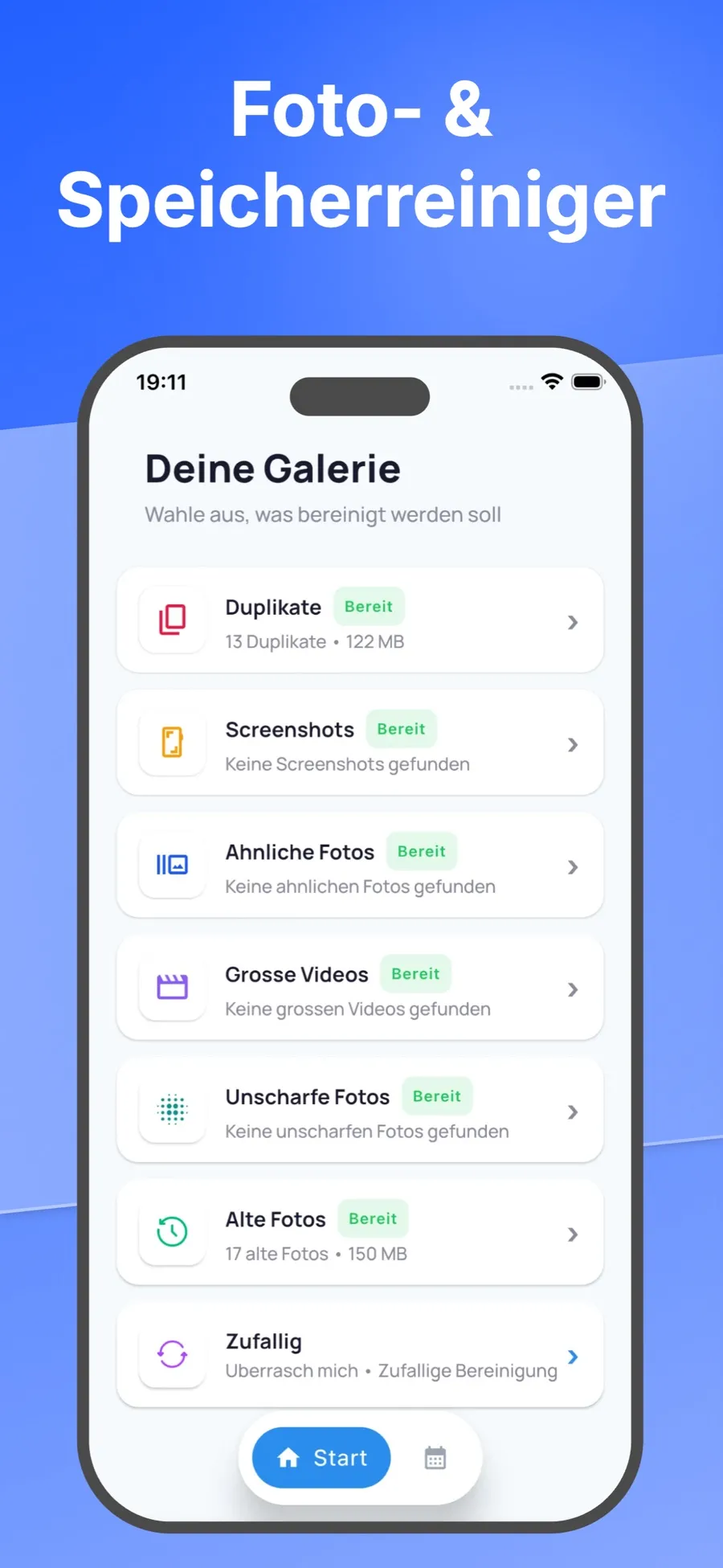 Startbildschirm mit den Bereichen zum Aufräumen: ähnliche Fotos, große Videos, Duplikate, Screenshots, unscharfe Fotos, alte Fotos und Zufällig.