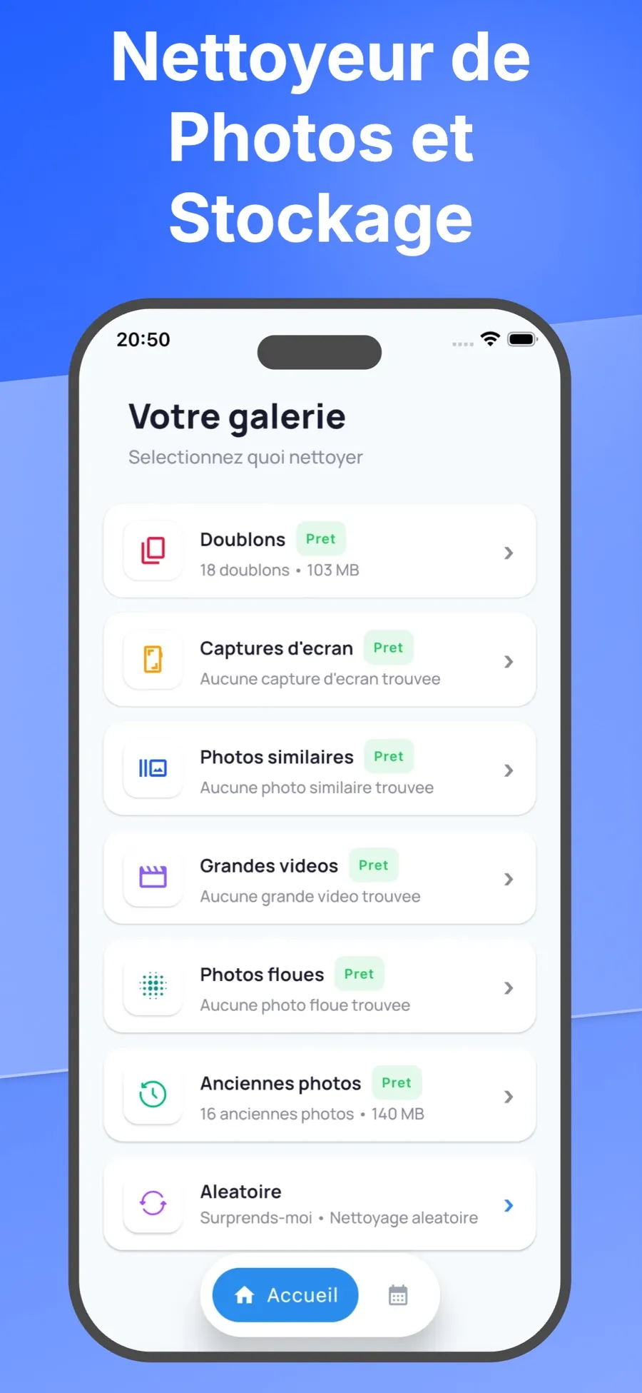 Écran d’accueil listant ce qu’il y a à nettoyer : photos similaires, grandes vidéos, doublons, captures d’écran, photos floues, anciennes photos et aléatoire.