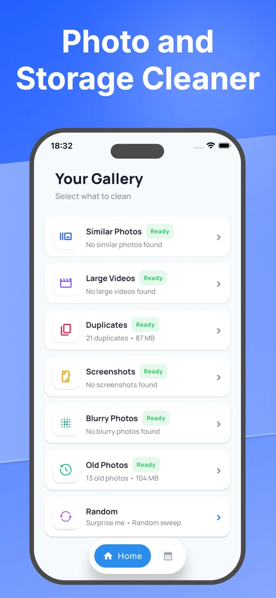 Home screen listing what to clean: similar photos, large videos, duplicates, screenshots, blurry photos, old photos and random.