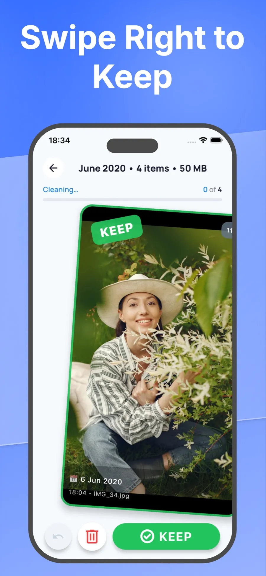 Swipe screen with a photo tilted right under a Keep stamp.
