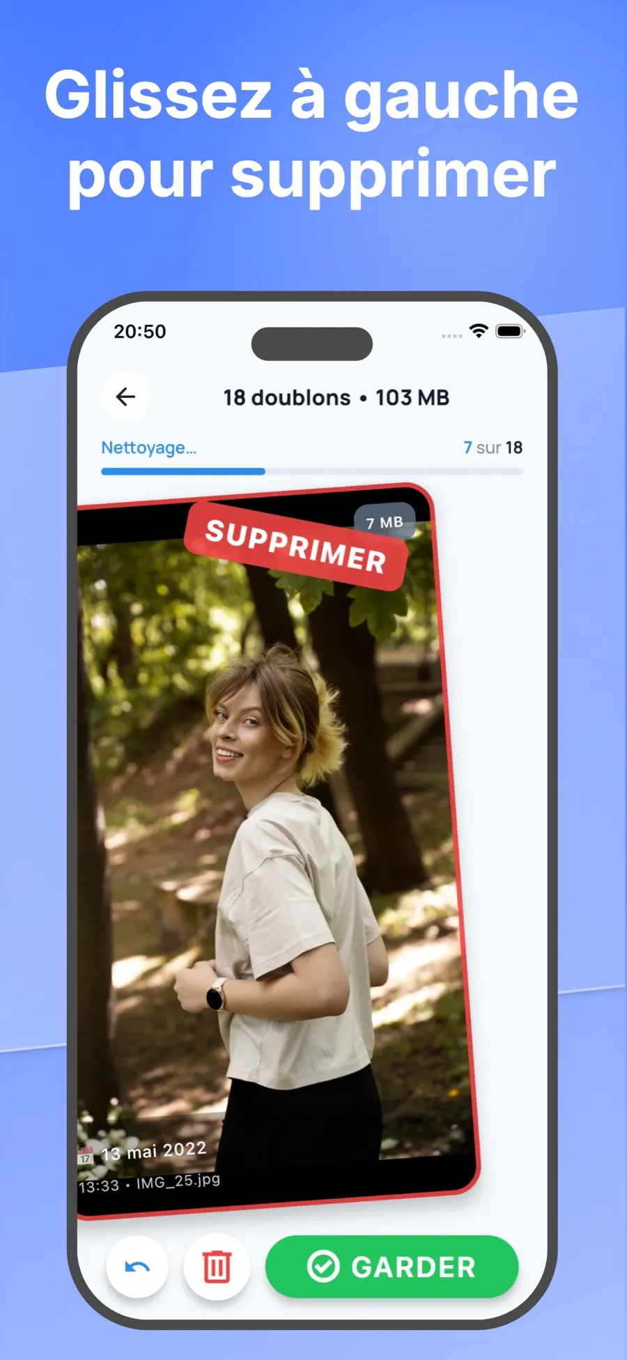 Écran de tri avec une photo inclinée vers la gauche sous un tampon Supprimer.
