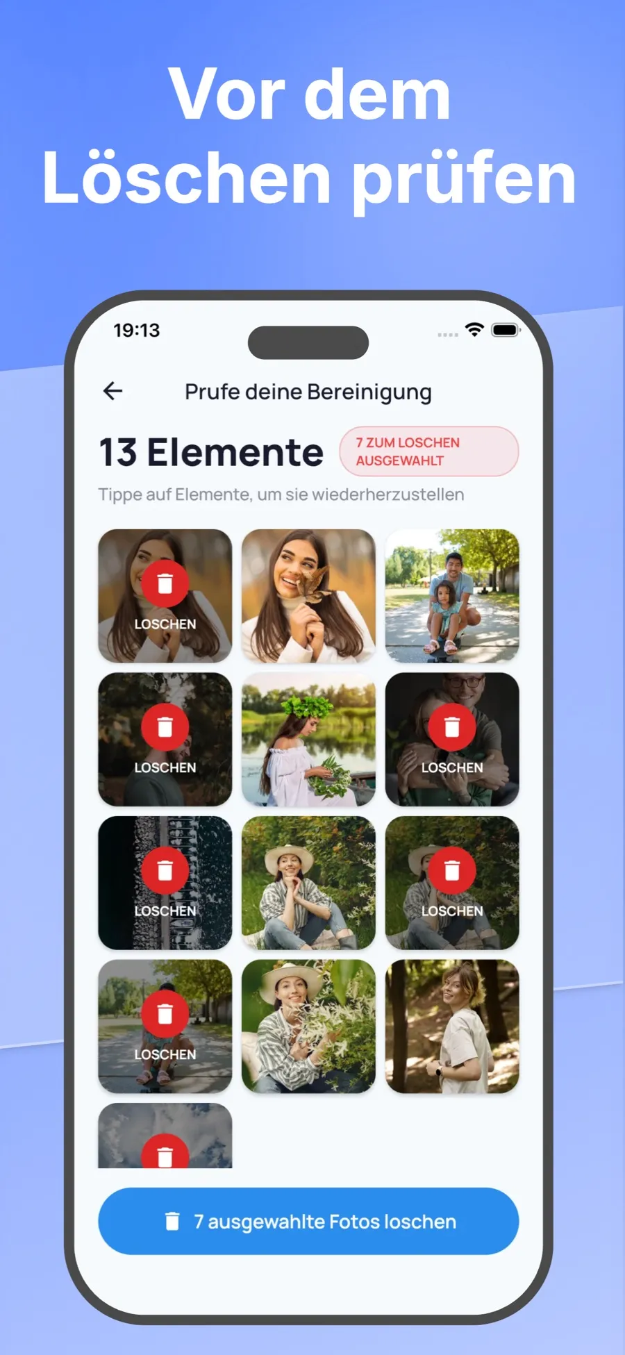 Prüfbildschirm mit Fotos, die zum Löschen ausgewählt sind, und einer Taste zum Löschen.