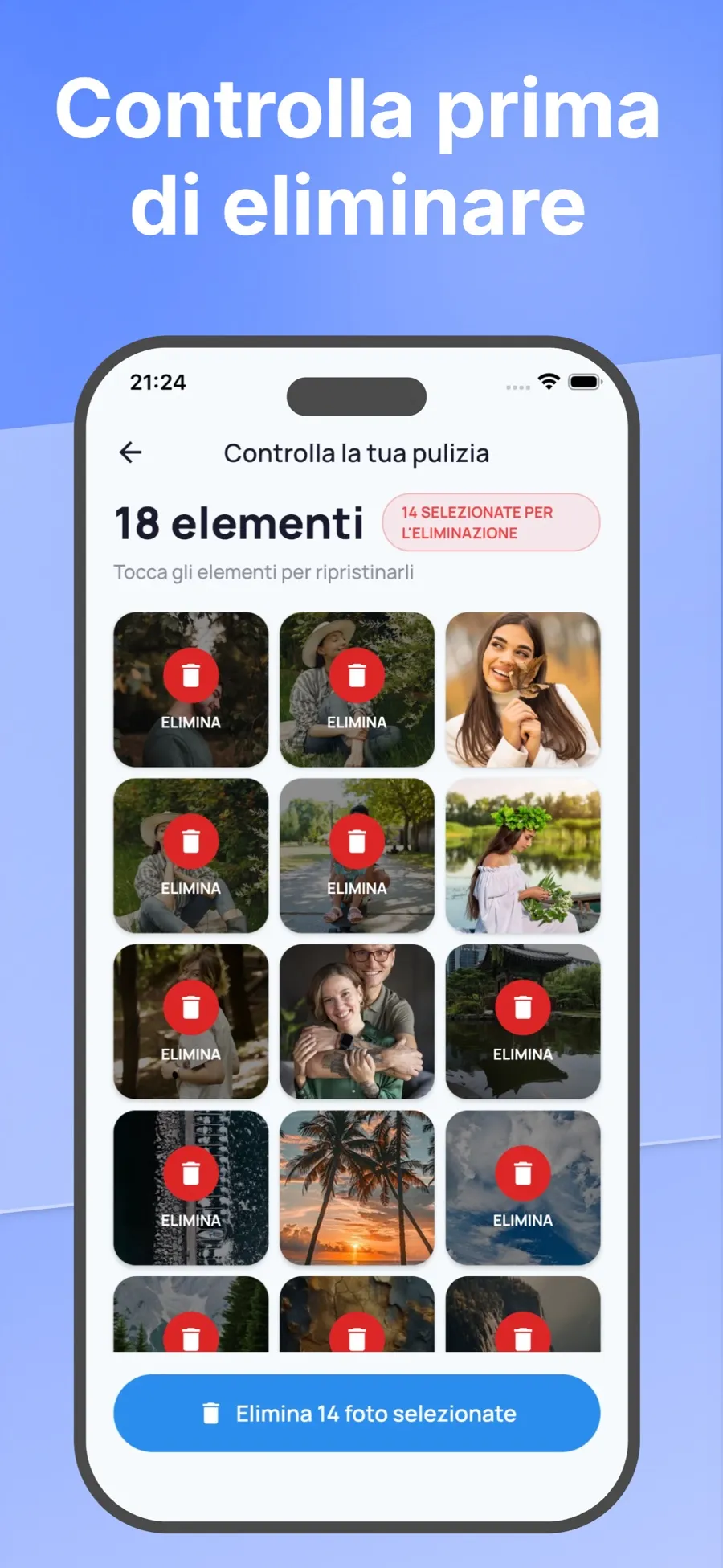 Schermata di revisione con le foto selezionate per l’eliminazione e un pulsante per eliminarle.