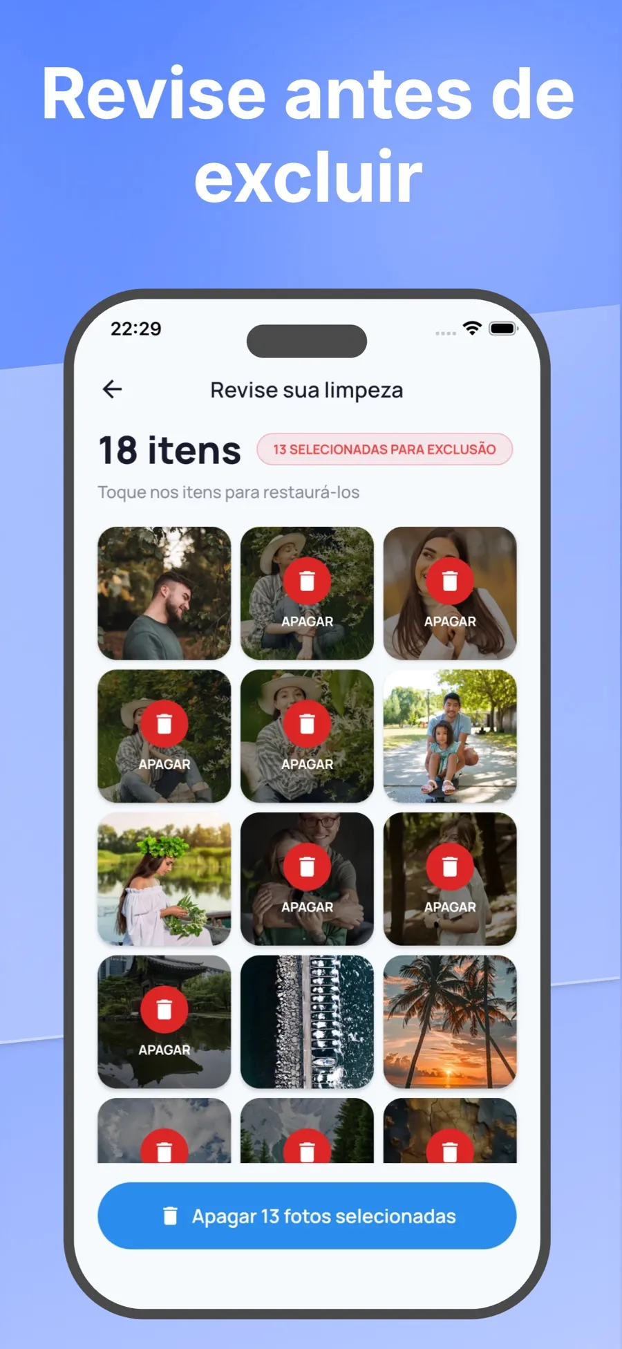 Tela de revisão com fotos selecionadas para exclusão e um botão para apagá-las.