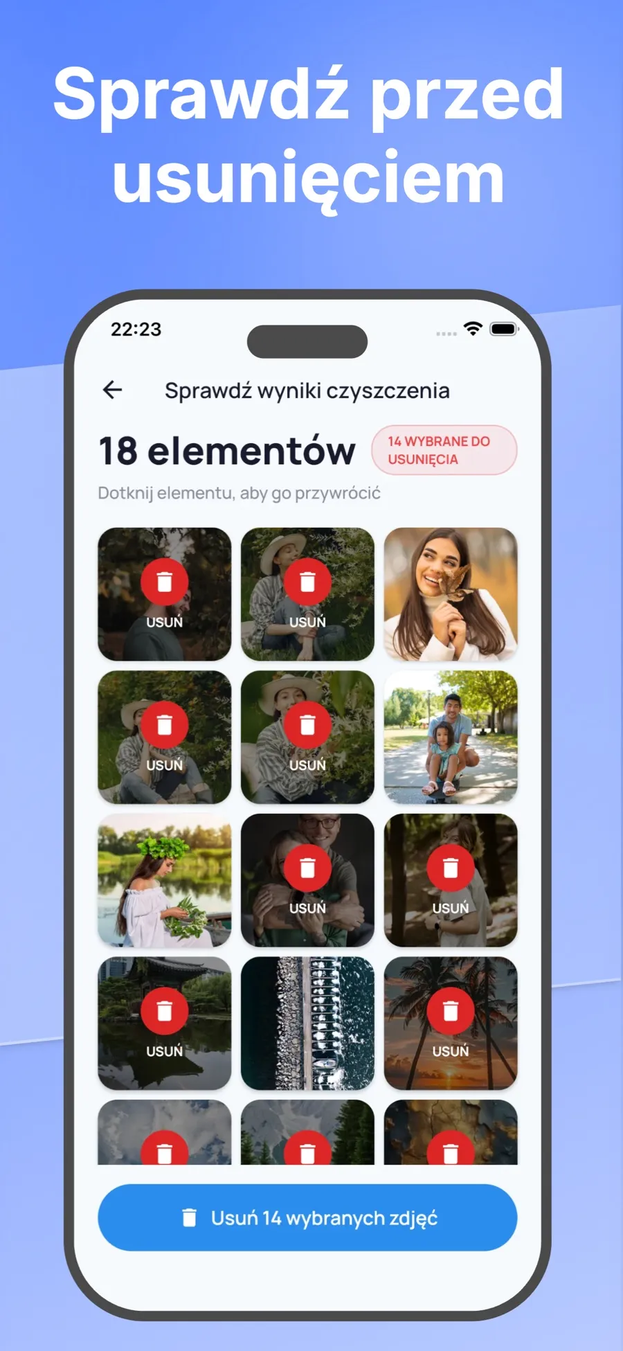 Ekran przeglądu ze zdjęciami wybranymi do usunięcia i przyciskiem do ich usunięcia.