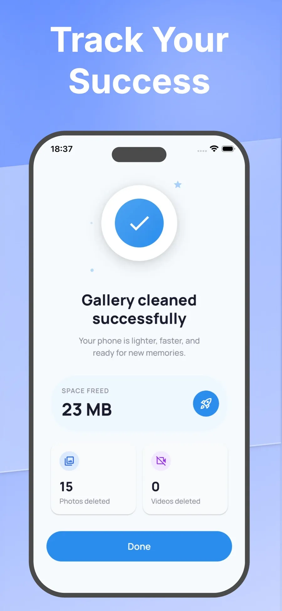 Summary after a cleanup, showing the space freed and the number of photos deleted.