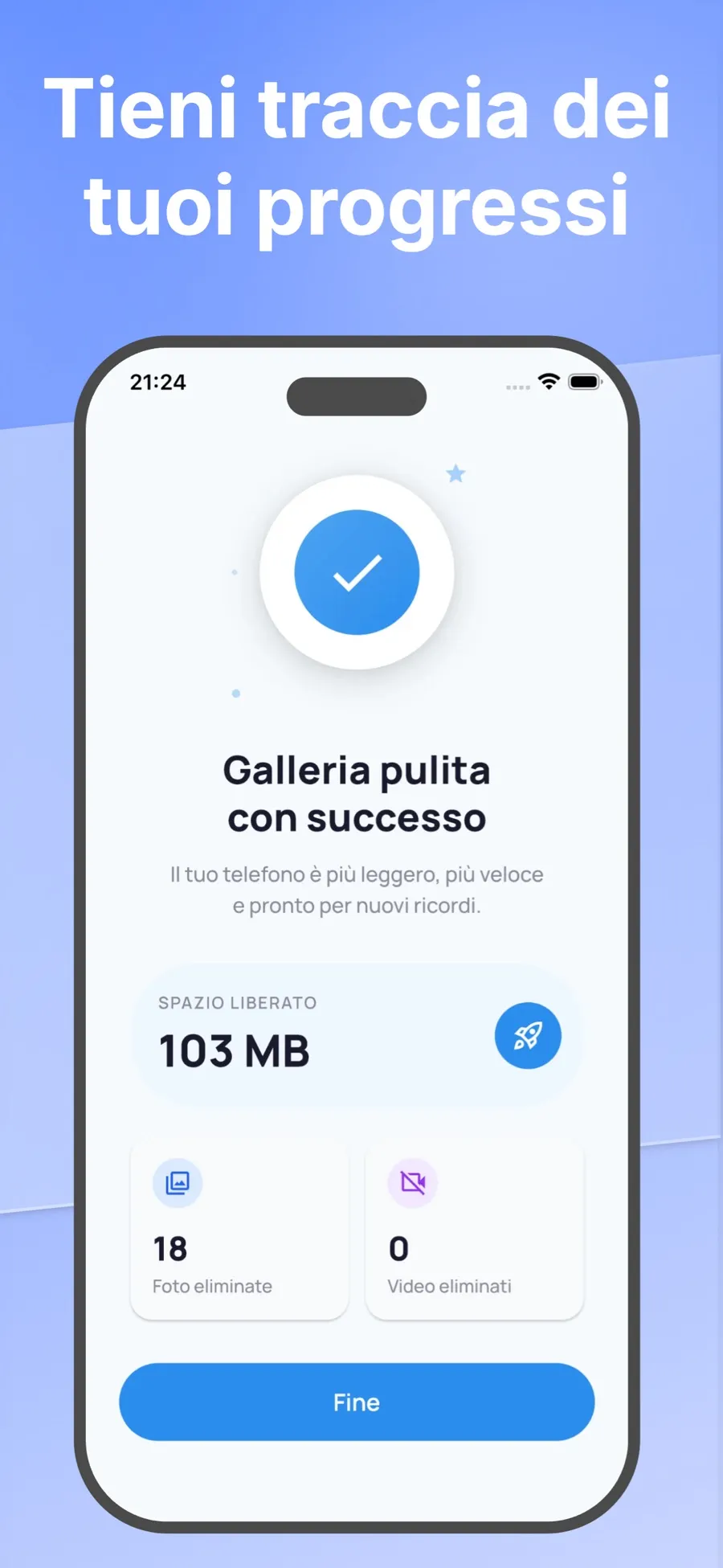 Riepilogo dopo una pulizia, con lo spazio liberato e il numero di foto eliminate.